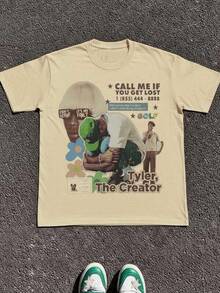 Super Value Hot  T-Shirt Y2K Tyler Creator Call Me If You Get Lost Album Collage Print Graphic Tee, Casual Print, Comfortable And Versatile, Pure Heavy 220g 100% Cotton Printed T-Shirt, Unisex Style, 1 Piece Suitable As A Gift For Fans CX0088 - 杏色 - 查看 7