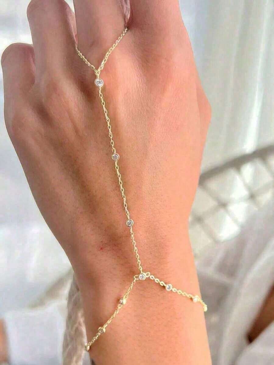 1pc Gold Color Bohemian Round Finger Bracelet Link Chain Hand+Wrist+Back Jewelry, Women Summer Beach Accessories - vàng - Xem 1