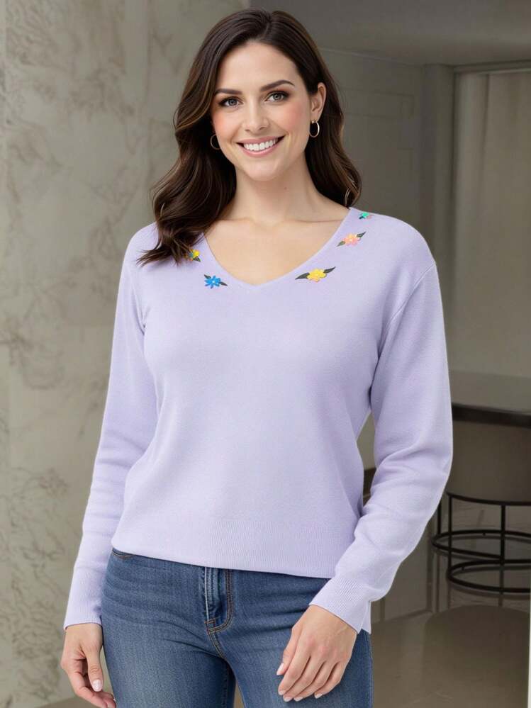 Blusa Feminina em Tricô com Bordado Floral Fio Premium Malha Confortável e Elegante - Lavanda - Visão 4