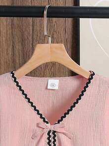 Left Mama Girls Elegant Minimalist Bow Decor Long Sleeve Top And Skirt Set, Spring/Autumn - Pink - View 4