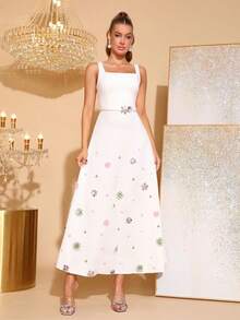 新款优雅女士宽肩带无袖A字宽松粉色长裙，时尚女士系带连衣裙，奢华彩色珍珠水钻花朵装饰长裙，女士婚礼宾客伴娘礼服，正式晚宴礼服 - 白色 - 查看 1