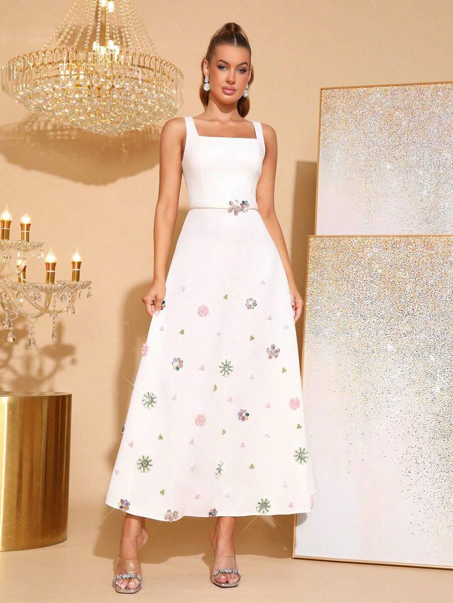 新款优雅女士宽肩带无袖A字宽松粉色长裙，时尚女士系带连衣裙，奢华彩色珍珠水钻花朵装饰长裙，女士婚礼宾客伴娘礼服，正式晚宴礼服 - 白色 - 查看 1