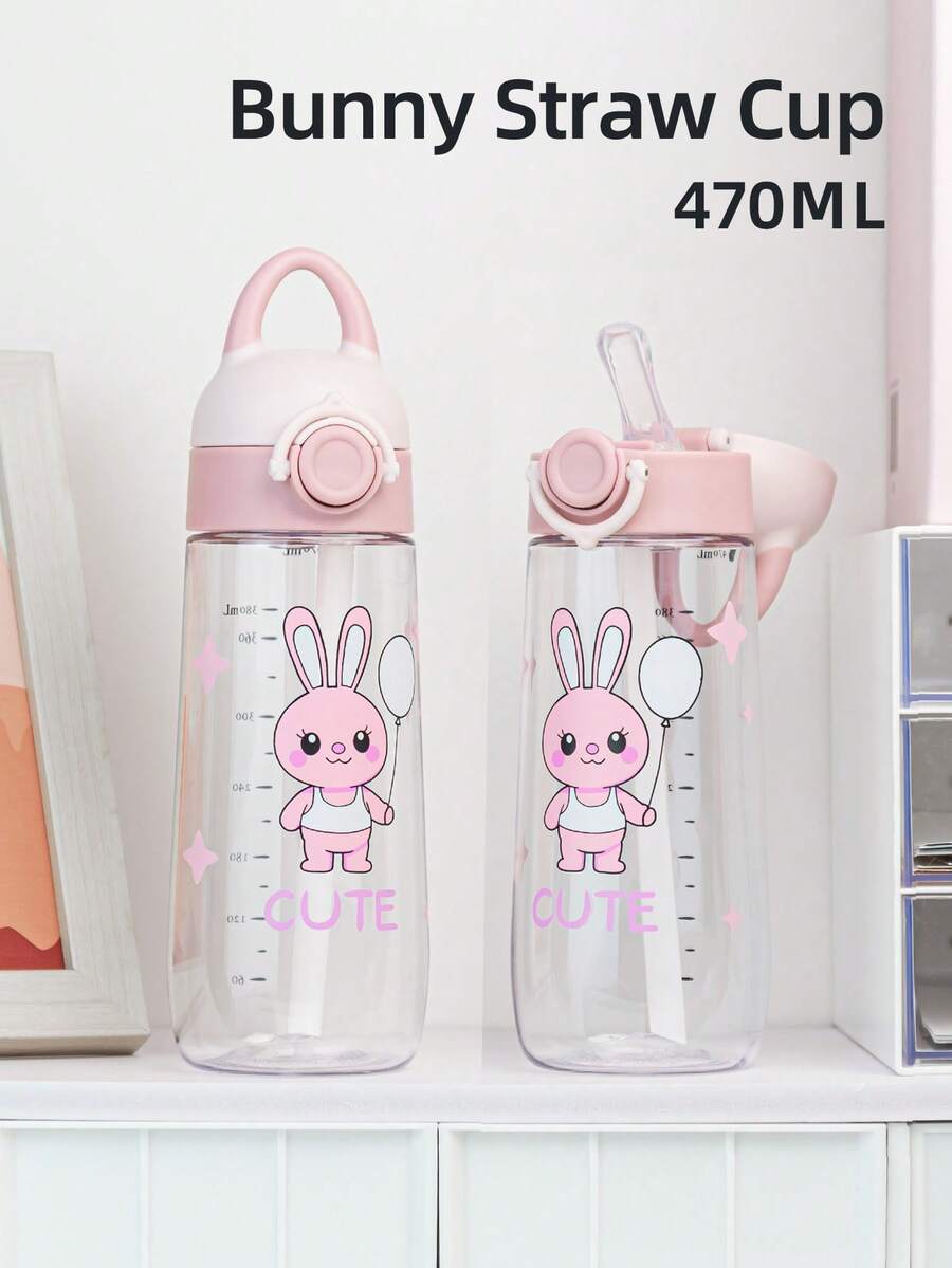 1個 470ML/560ML 可愛卡通吸管兒童杯，簡約學生水壺，可鎖定防漏耐用附手柄，適合日常使用 - 萌兔粉色 - 查看 1