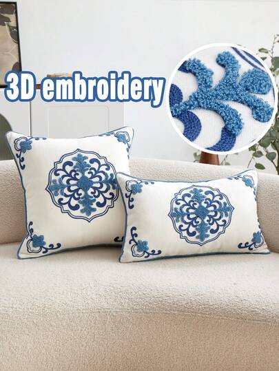 1pc New Chinese Style 3D Embroidered Throw Pillow Cover, Blue And White Porcelain Pattern Oriental Decor Cushion Cover, Chenille Fabric With Velvet Trim, Suitable For Living Room, Bedroom, Tea Room, Oriental Aesthetics Decoration, Pillow Insert Not Included