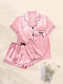 2Pcs Women's Pajama Set Features A Bowknot Embroidery And Striped Print On Satin Fabric, Including A Short-Sleeved Button-Down Shirt And Shorts, Perfect For Casual Loungewear In The Summer. - Watermelon Pink - View 1