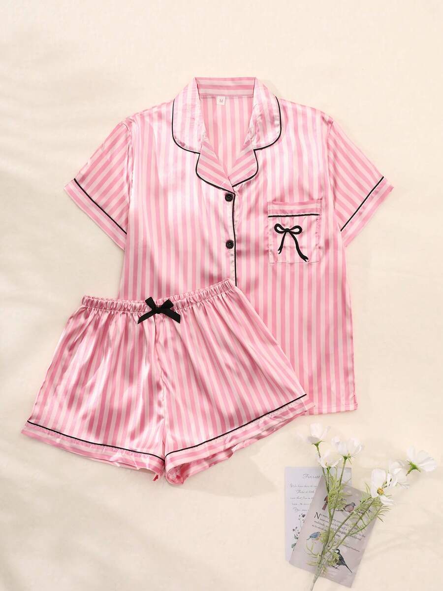 2Pcs Women's Pajama Set Features A Bowknot Embroidery And Striped Print On Satin Fabric, Including A Short-Sleeved Button-Down Shirt And Shorts, Perfect For Casual Loungewear In The Summer. - Watermelon Pink - View 1