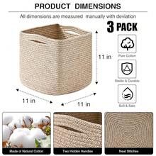 11 Inch Cube Storage Bins, Organizing Bins For Cube Organizer, Storage Baskets For Organizing, Woven Storage Basket For Shelves, Cotton Rope Toy Baskets Storage , Brown (Pack Of 3) - màu nâu - Xem 1