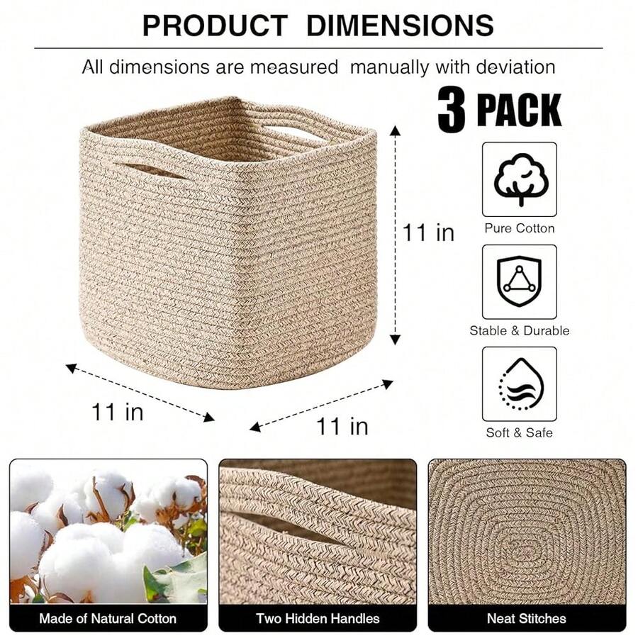 11 Inch Cube Storage Bins, Organizing Bins For Cube Organizer, Storage Baskets For Organizing, Woven Storage Basket For Shelves, Cotton Rope Toy Baskets Storage , Brown (Pack Of 3) - màu nâu - Xem 1