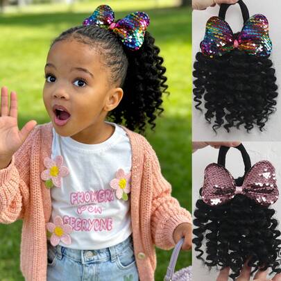 8 Inches Kids Ponytail Extension Hair Braid Wand Curly Children Hair Bows Clip For Girls Hair Accessories Set 1PC