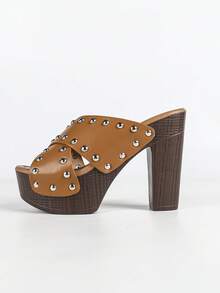 2026 Summer New High Heel Sandals Women Waterproof Platform Thick Heel Slip-On Criss-Cross Strap Open Toe Thick Bottom Sandals - Brown - View 7