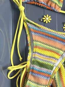 3pcs/Set Women's Summer Bohemian Style Crochet Fabric Drawstring Swimwear Cover Up Dress Bikini Set - Multicolor - View 5