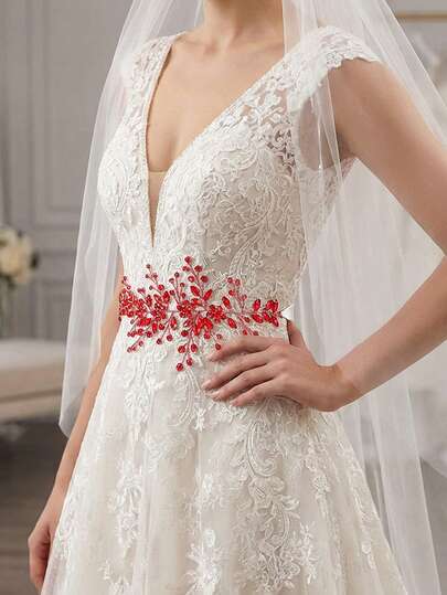 1 pieza Faja de novia con flor de cristal rojo, accesorio elegante para la cintura del vestido de novia, adecuado para ocasiones formales, bodas, fiestas, festivales