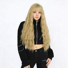 Sweet Ash Blonde Long Curly Wig With Bangs Fluffy Synthetic Wig For Y2K Daily & Cute Outfits - Khaki - View 3