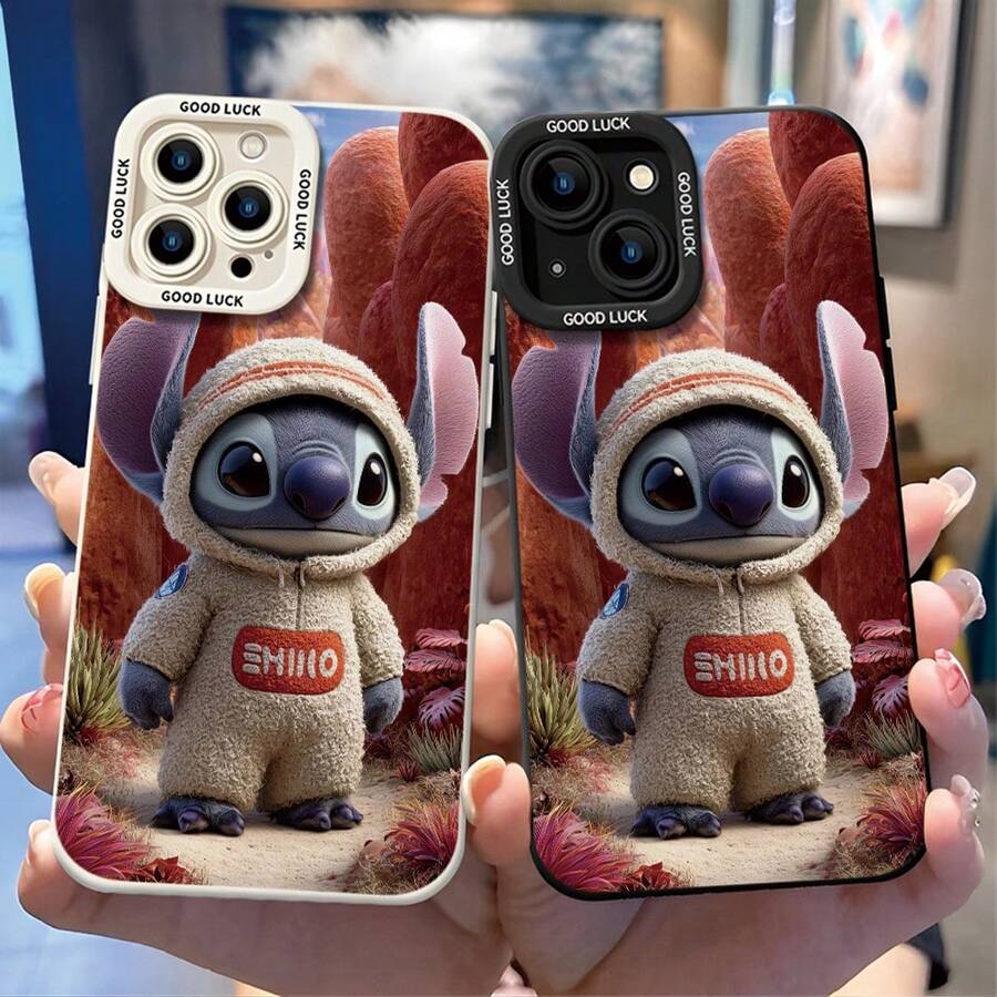 Official Disney Lilo & Stitch Cute Phone Case: Cosmic Explorer Stitch Print In Fuzzy Hoodie With Alien Landscape Background & "GOOD LUCK" Detail, Shockproof Protective Cover With Reinforced Camera Protection For IPhone 17, 16, 15, 14, 13, 12, And 11 Pro Models, Equipped With Shockproof Protection. A Perfect Gift For Family, Friends, Birthdays, Holidays, And Special Occasions. - White - View 1