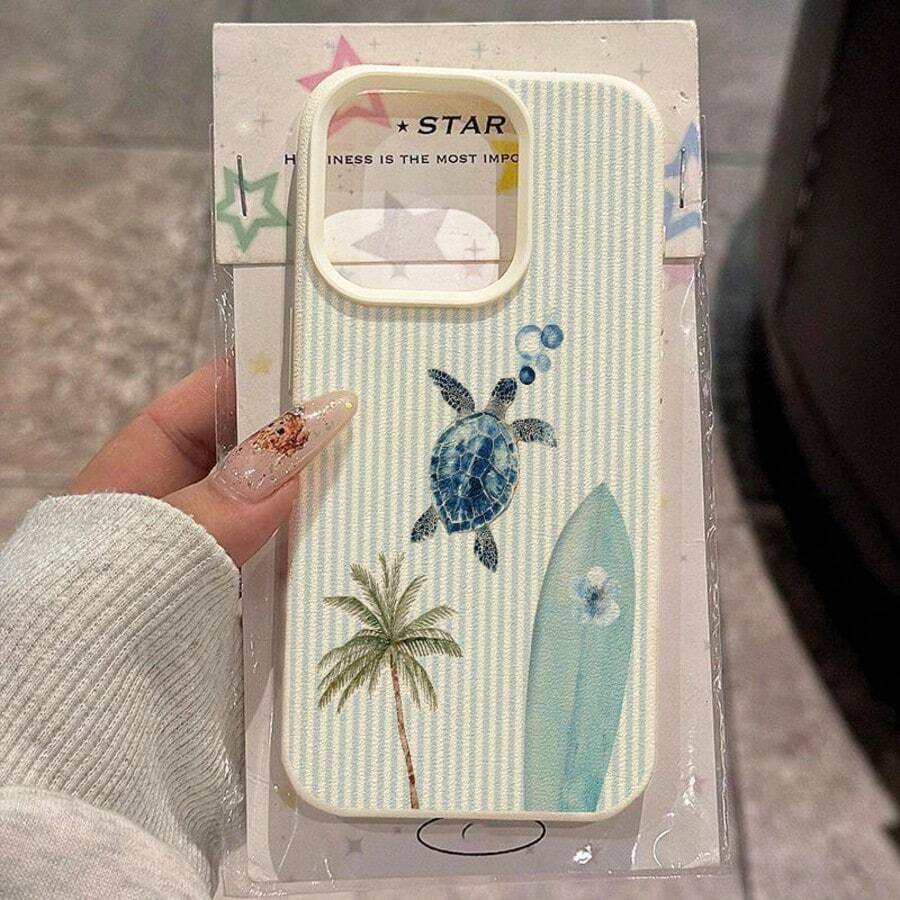 1pc TPU Material Refreshing Blue Striped Sea Turtle & Palm Tree Surfboard Pattern Phone Case Compatible With IPhone 17 Pro Max/17/16 Pro Max/15/13/12/11, S20 FE/A15/S24/A55, Compatible With Redmi Note 11/12/13 Pro, Full Coverage Anti-Drop Soft Protective Cover,International Version, Not The Domestic Version - White - View 1