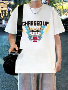 Disney CHARGED UP Mickey Mouse Men's T-Shirt, Mechanical Style Graphic Print Short Sleeve, American Retro Vibe Top, Resort Theme Design, Suitable For Daily Wear, Beach Vacation, Men's Fashion, Carnival Outfit - White - View 1