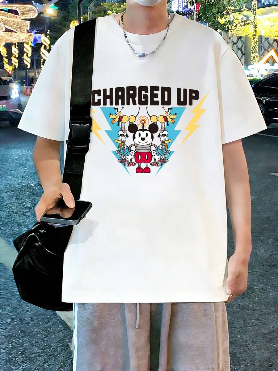Disney CHARGED UP Mickey Mouse Men's T-Shirt, Mechanical Style Graphic Print Short Sleeve, American Retro Vibe Top, Resort Theme Design, Suitable For Daily Wear, Beach Vacation, Men's Fashion, Carnival Outfit - White - View 1
