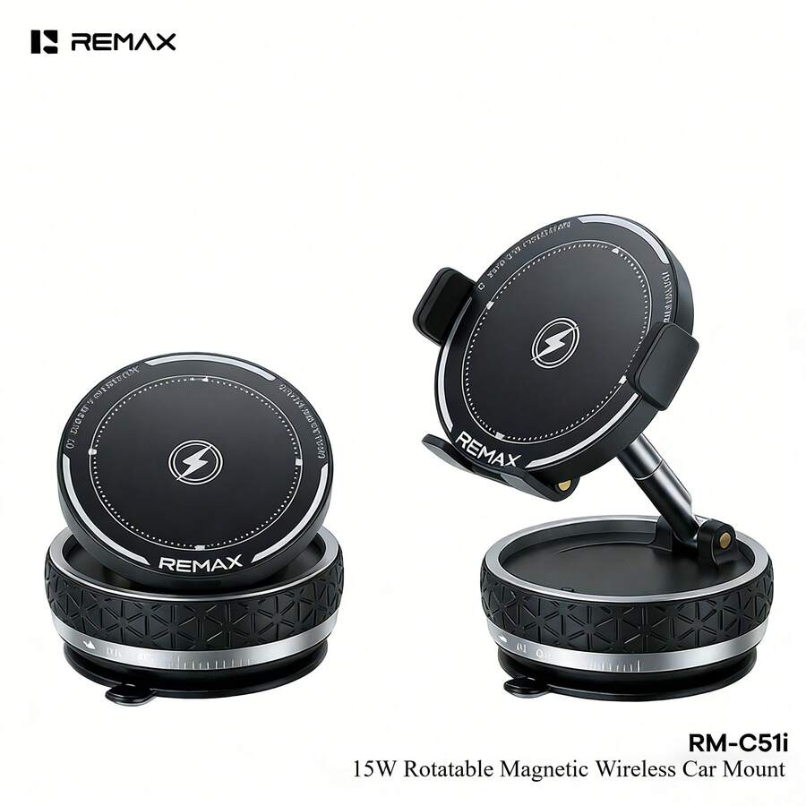 REMAX RM-C51i 旋轉磁吸無線充車載支架 15W高功率快充+360°自由旋轉+強磁穩固吸附 智慧辨識快充 鋅合金轉軸 車載導航 - 黑色 - 查看 1