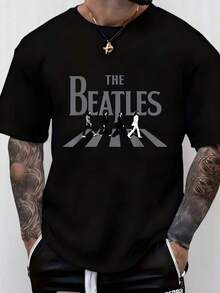 Men'S Vintage Beatles Graphic T-Shirt - Black Casual Streetwear With Crosswalk Print, Short Sleeve Round Neck, Machine Washable Regular Fit, All-Season Comfort, Music Fan Apparel |     Vintage Graphic Tee |     Comfortable Fit, Beatles T Shirt - 黑色 - 查看 6