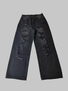 1 Quần Jeans Nam Cổ Điển Rách Rách Viền Tơ, Quần Jeans Ống Rộng Phong Cách Mỹ, Phong Cách Đường Phố Hip Hop, Phong Cách Grunge - màu đen - Xem 7