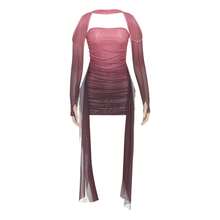 Fashion New Women's Halter Neck Sleeveless Mesh Ribbon Ruched Sexy Short Dress Set - Pink (with Scarf) - View 10