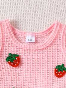 2pcs Baby Girls Cute Sweet Hollow Strawberry Print Pink Cropped Tank Top + Shorts Set, Summer - Pink - View 3