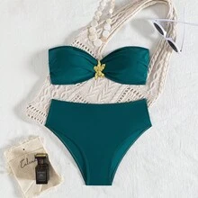 wohenmeili 1 Set Metal Decor Bikini Top And Bottoms, Starfish Decor Swimsuit Set - Dark Green - View 4