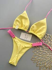 Women's Summer Beach Colorblock Sexy Bikini Swimwear Set Vacation - Yellow - View 4