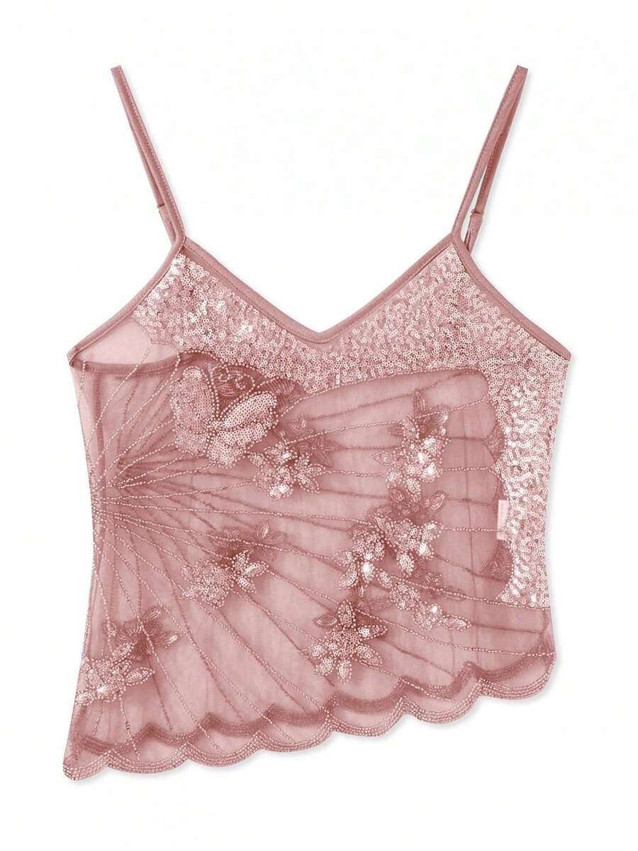 Women's Y2K Sequin Butterfly Cami Tops Sleeveless Spaghetti Strap Sheer Camisole Top Bling 3D Floral Embroidery Tank Crop Tops Summer See Through Backless Shirt Going Out Tops Party Club Streetwear Rave Outfit Beach Vacation Outfits - Hồng - Xem 1