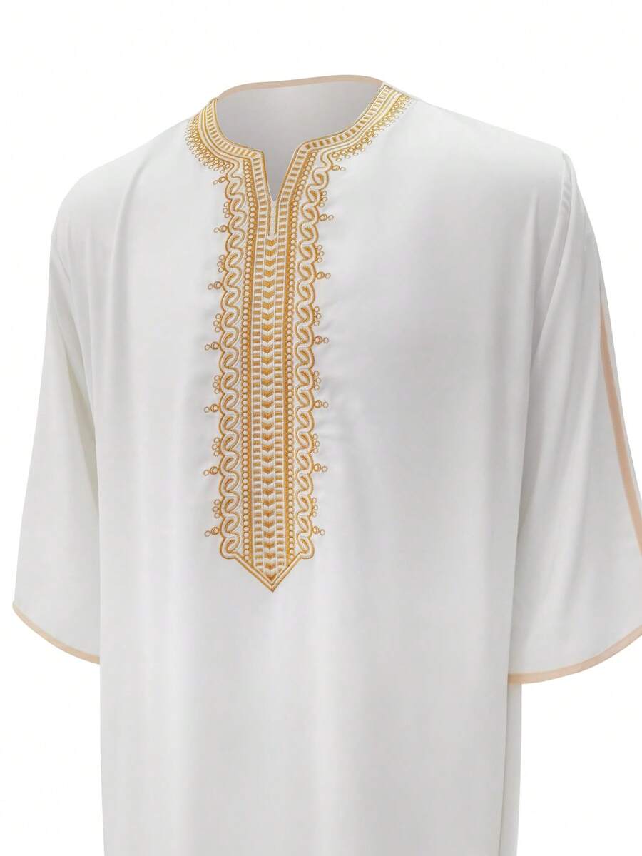 Men's Solid Color Robe With Pockets, Retro Embroidered Casual Robe, Men's White Loungewear Robe - White - View 1