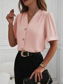 Freeform Reminder: (Recommend Choosing One Size Smaller As The Size Tends To Run Large) New Spring/Summer Women's V-Neck Shirt, Autumn/Winter Cardigan Blouse, Elegant Business Casual Vacation Chic Versatile Slim Cute Top, Retro Korean Style - Baby Pink - View 2