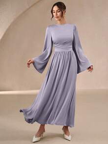 女士春夏灰紫色圆领喇叭袖长款连衣裙，优雅褶皱腰身喇叭长裙，适合办公室、度假、婚礼、约会和日常穿着。 - 紫色 - 查看 4