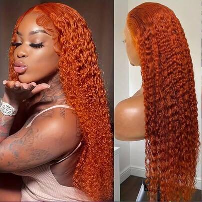 34 Inch 13x4 Deep Wave Lace Front Wig Mixed Human Hair HD Lace Front Wig Pre-Plucked Bleached Knots 200% Density Deep Curly Human Hair Wig #350 Ginger Blonde