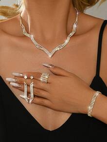 Set de 4 piezas de joyería de novia de moda, aretes con borlas de cristal brillante, collar elegante, pulsera y anillo, adecuado para boda, banquete, baile, fiesta - Juego de 4 piezas de joyería ZT5033 - Ver 2