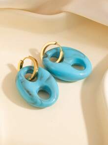 1 Pair Exquisite And Versatile Double Hole Elliptical Earrings With Gold Plated Earrings+Blue Pattern Resin+Fresh Texture Women's Daily Wear Earrings - Gold - View 16