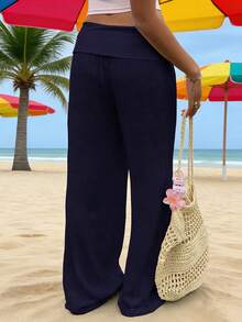 Pantalones de cintura ancha y piernas anchas plegables de lino bohemio Y2K para mujeres, pantalones Palazzo relajados de cintura baja de color sólido, pantalones de playa cómodos en verano, adecuados para el ocio diario - Azul oscuro - Ver 4