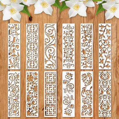 Bộ 12 khuôn mẫu vẽ tranh tái sử dụng, bao gồm khung và họa tiết lá cây, thích hợp cho gỗ, tường, DIY, nghệ thuật, thủ công, vải bố, đồ nội thất và trang trí bánh.