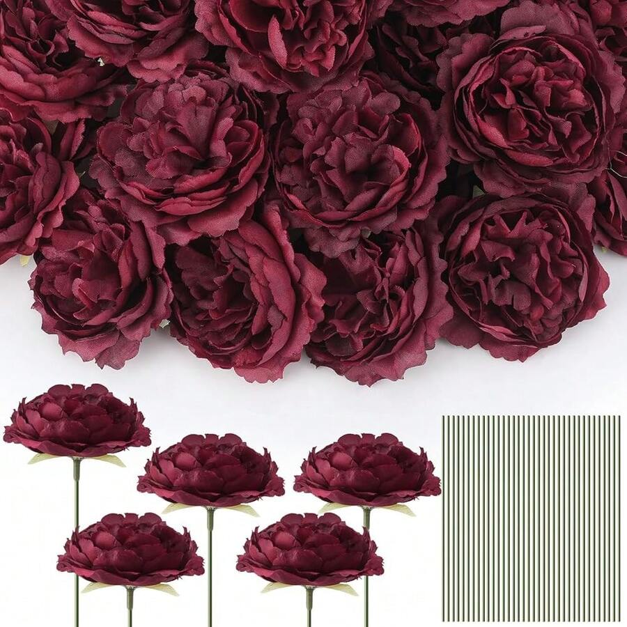 100 Pcs Flowers Long Stem Artificial Rose, 3.2 Inches Silk Rose Head Flowers Fake For Wedding Bridal Bouquet  Day Home Floral DIY Centerpieces Party Decoration (Burgundy) - 酒紅色 - 查看 1