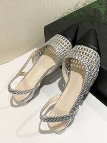 Sexy Rhinestone Fishnet Black Mesh High Heels, Niche Design Pointed Toe Pumps For Evening Gown - Silver - View 5