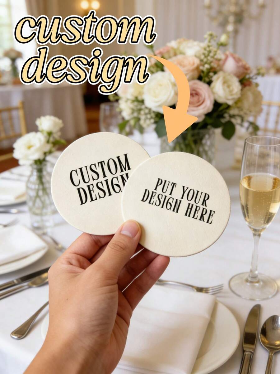 8/16/24Pcs Customized Printed Paper Cup Coasters, Personalized Text Paper Cup Pads, Custom Pattern Disposable Coasters For Birthday Party, Wedding Reception, Bridal Shower, Anniversary, Bulk Personalized Wedding Cup Pads Party Supplies - Multicolor - View 1