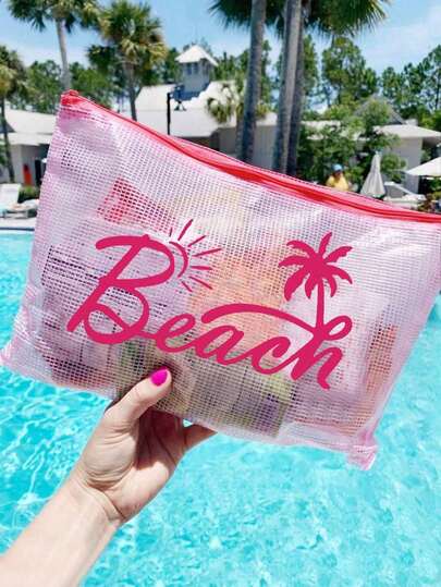 Fashionable Waterproof PVC Beach Bag, Colorful Letter Print, A4 Size, Transparent PVC Makeup Bag With Nylon Zipper, Suitable For Swimming, Diving And Summer Vacation, Lightweight, Suitable For Young Men And Women, Beach Bag Accessories, Travel Essentials, Holiday Must-Have