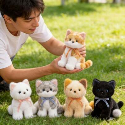 Adorable Realistic Crouching Cat Plush Doll Soft Cute Kitten Doll Companion Figurine For Office Desk, Study Desk, Kids Birthday Gift, Girls