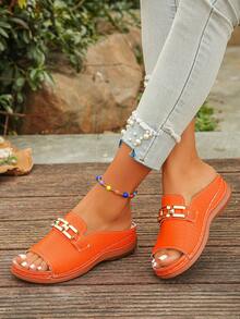 Sandal đế xuồng khoét mũi tròn màu cam thời trang mới mùa hè dành cho nữ, khóa kim loại, kiểu dáng slip-on, phù hợp cho hàng ngày, kỳ nghỉ, đi biển, nhẹ và thoải mái, họa tiết ngẫu nhiên. - Màu cam nổi - Xem 4