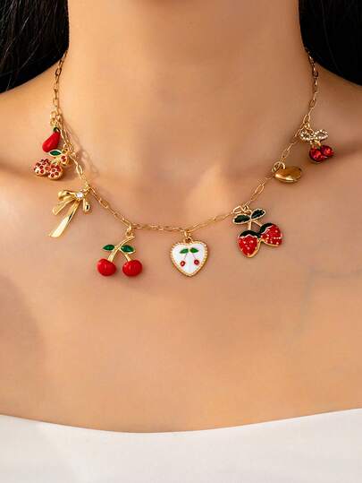1 Pc Cute Cherry Charm Necklace For Women, Enameled Strawberry Bow & Heart Locket Pendant Necklaces, Fashionable Jewelry Gift For Her