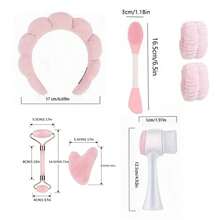 7pcs Beauty Tool Set, Includes Roller Massager & Gua Sha Board, Silicone Face Mask Brush, Velvet Headband, 3D Face Brush, Professional Facial Massage Kit, Unisex Self-Care Gift - Pink - View 3