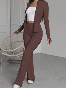 Minimalist And Slimming Two-Piece Set | Switch Between Work And Leisure In One Click, Instantly Giving You Long Legs - Brown - View 2