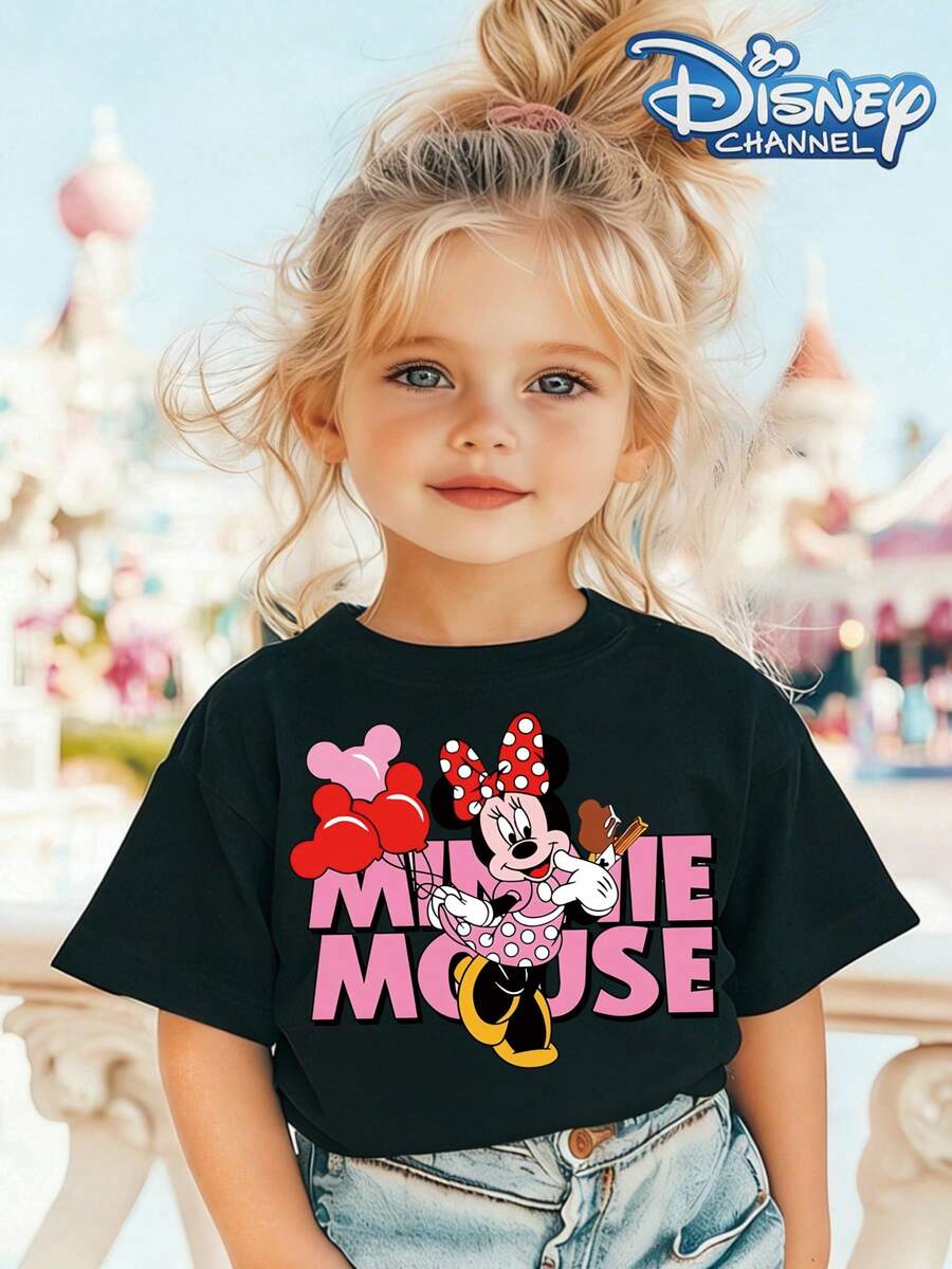 Minnie Mouse Holding Balloons The Floral Pattern Disney Summer Girls Round Neck Short Sleeved Baby Tops Are Suitable For Daily Wear Comfortable And Breathable And Fashionable And Versatile They Are The Perfect Gift For Children - màu đen - Xem 1