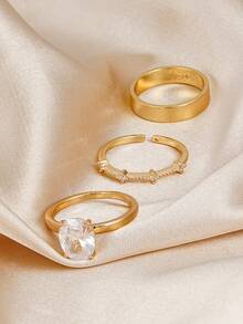 3pcs Elegant Cubic Zirconia Inlaid Ring Set, Jewelry Accessories Suitable For Women To Wear At Weddings, Parties And Gatherings, Holiday Gift - Gold - View 5