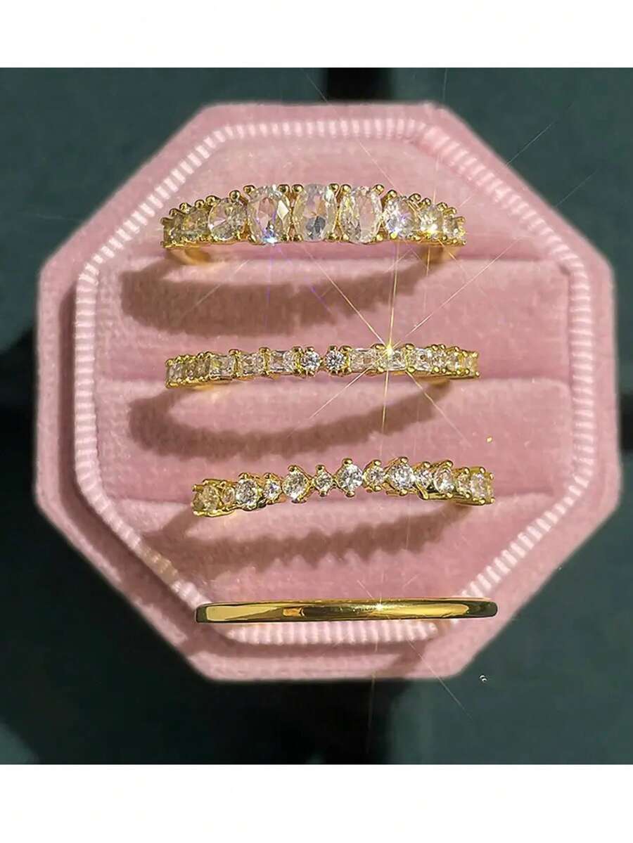 4pcs Luxury Sparkling Women's Engagement Rings, 14k Gold Plated With Shiny Synthetic Cubic Zirconia, Symbolizing Noble And Eternal Love, Best Gift Choice For Engagement/Wedding, Anniversary, Valentine's Day - Gold - View 1