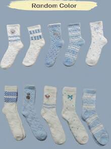 5 pares de calcetines de lana gruesos y cálidos para mujer, entrega aleatoria de calcetines de media caña con diseño de oso de dibujos animados azul y lazo - Multicolor - Ver 7